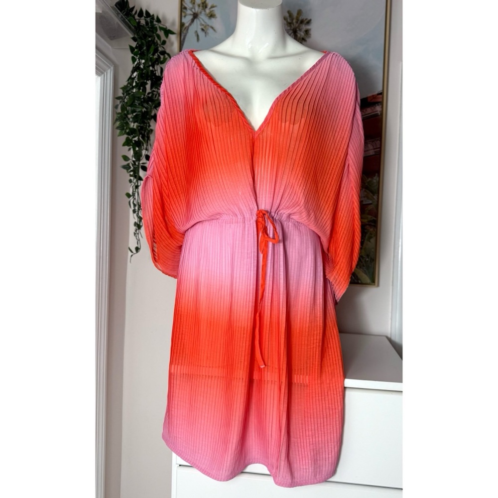 Accessorize Pink Orange Ombre Pleated Kaftan Cover Up XL 12/14 Mini Dress